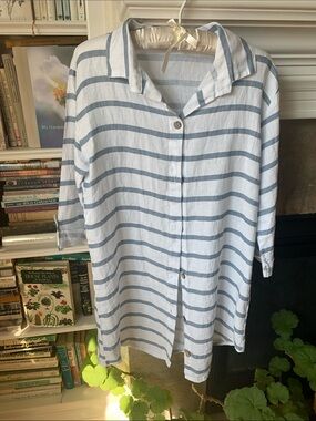 Viola Borghi Linen Striped Button-Front Tunic Top - Blue & White